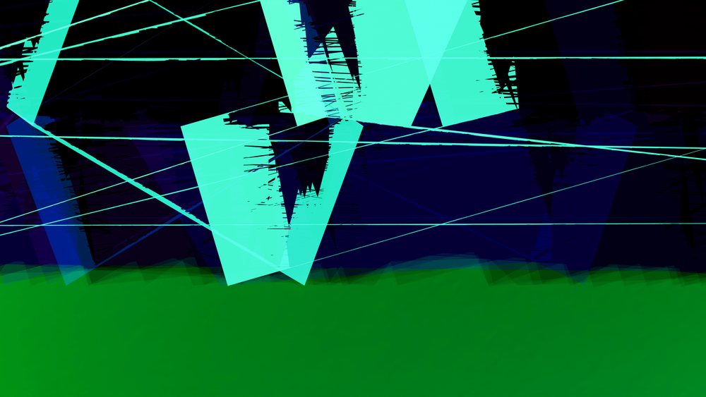 Abstract digital artwork featuring turquoise geometric shapes and lines over a green base with a dark background.