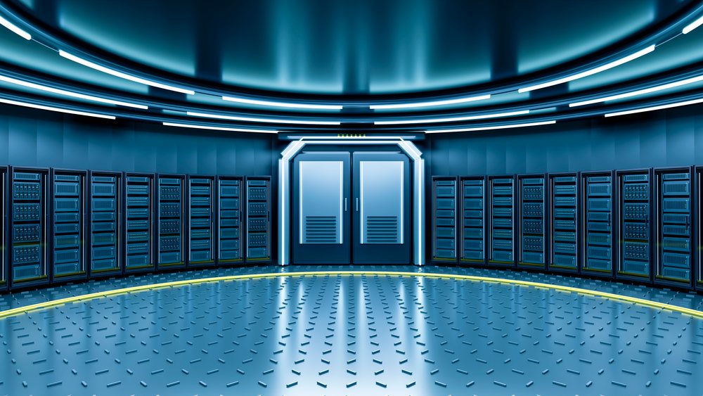Digital data center room with server racks and double doors under blue neon lighting in a modern circular interior.