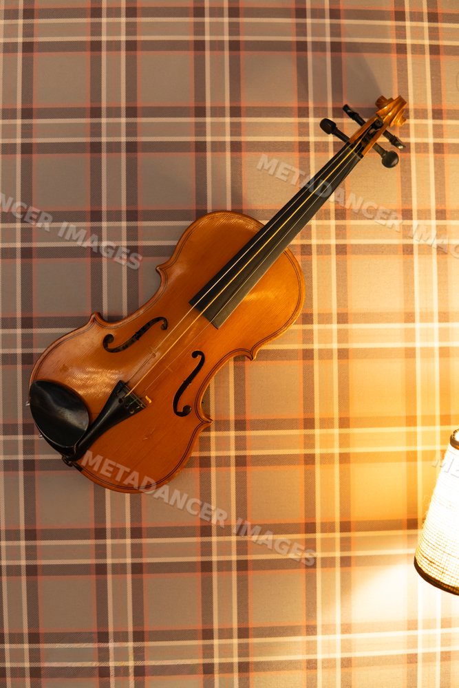 Wooden violin hanging on orange plaid wall with retro lamp