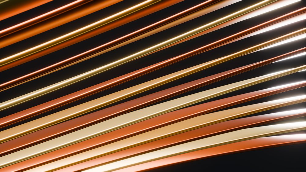 Curved metallic gold and bronze striped lines create an abstract design on a black background.