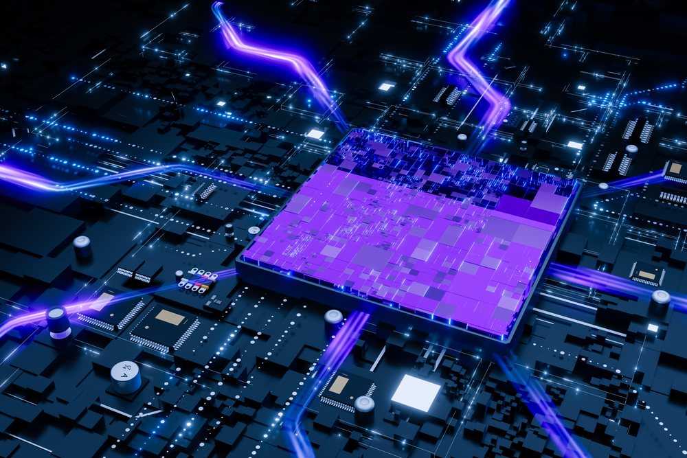 Microchip integrated circuit on a digital circuit board with glowing blue data streams in an abstract render background.