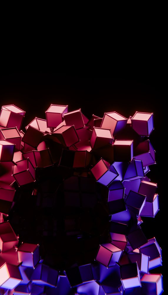 Abstract 3D render of glossy pink and purple cubes arranged in a circular pattern on a black background.