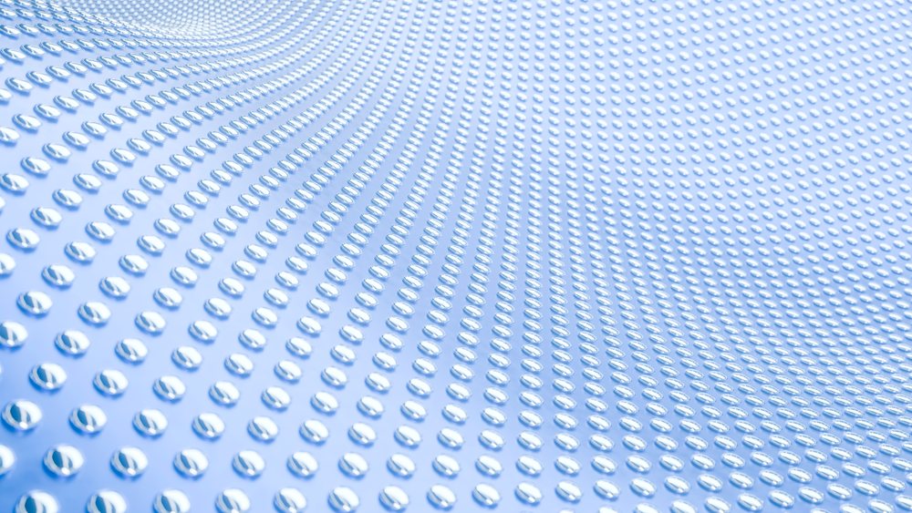 Blue surface with rows of shiny reflective dots arranged in a wavy abstract pattern.