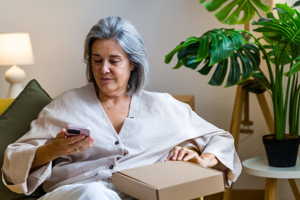 Woman with gray hair sits on a sofa holding a rectangular cardboard box and looking at her smartphone in a cozy living room, Spain.