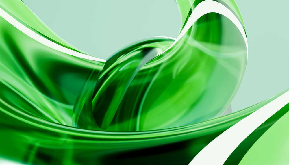 Green abstract swirling shapes with a glossy and fluid texture in a modern digital art style.