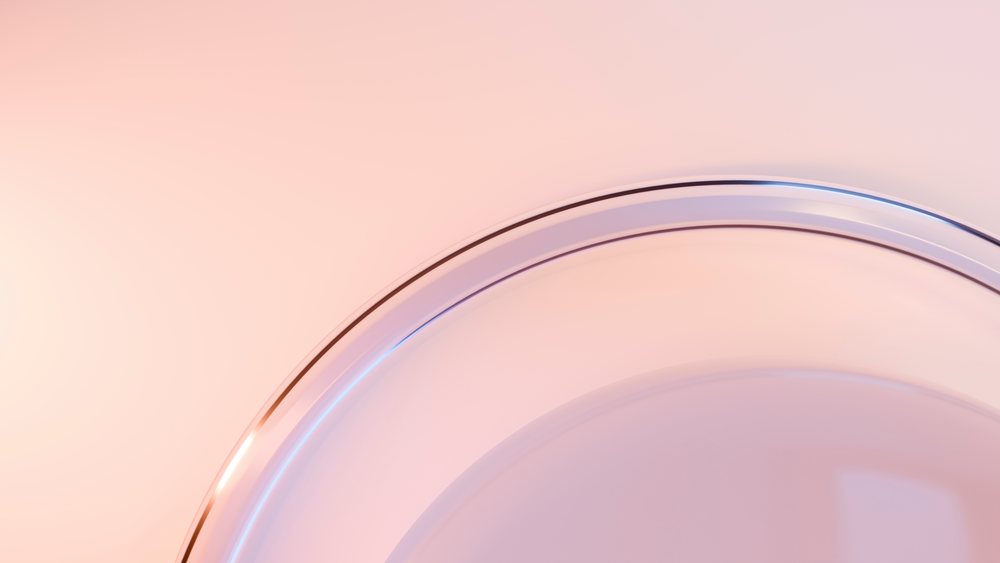 Close-up illustration of an empty clear glass round plate on a soft pink background with reflective surface highlights.
