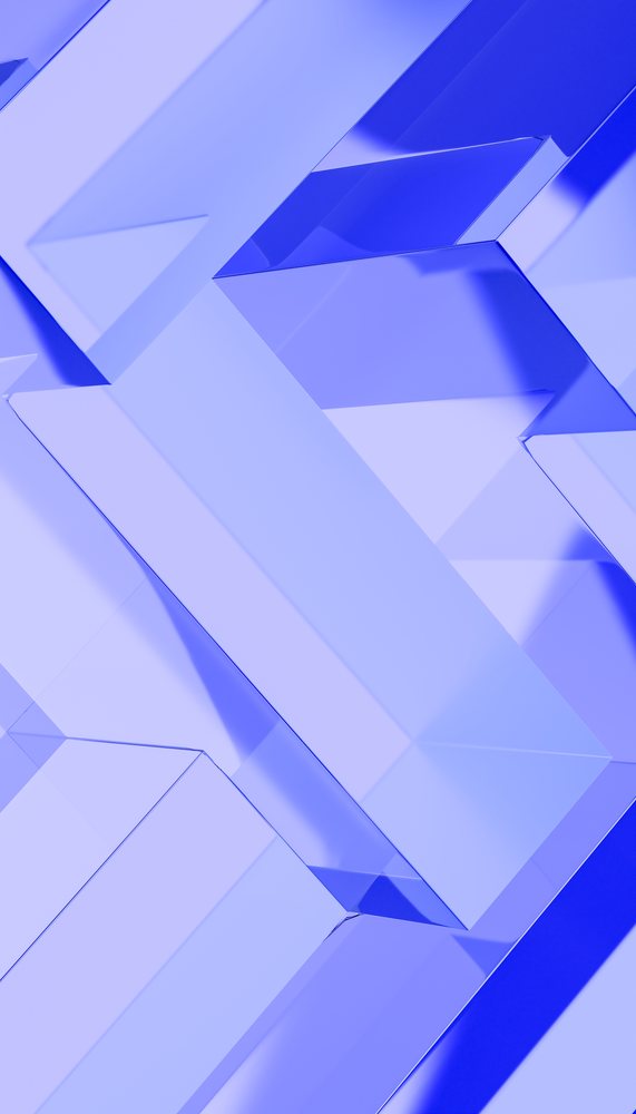 Abstract 3D render of transparent blue rectangular cuboids forming a modern geometric pattern background with shiny surfaces.