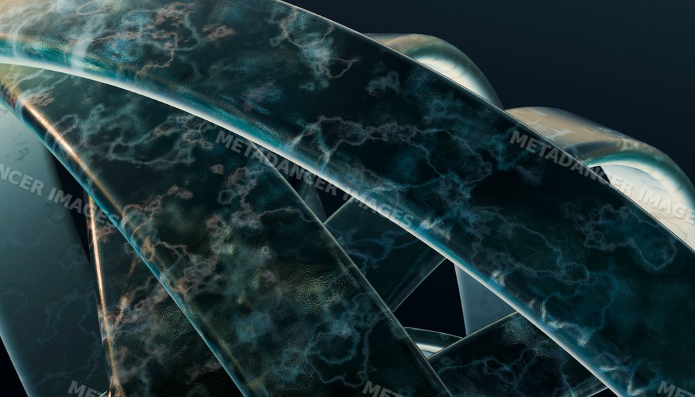 Digital rendering of twisting dark blue and black abstract shapes