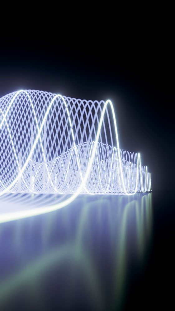 Glowing light wave with reflection on a dark surface creates a futuristic digital scene with continuous fluid patterns.