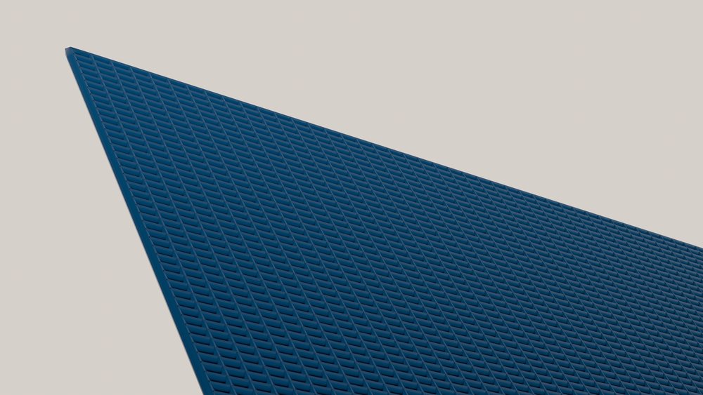 Blue triangular grid surface displaying a repetitive textured pattern on a plain background.