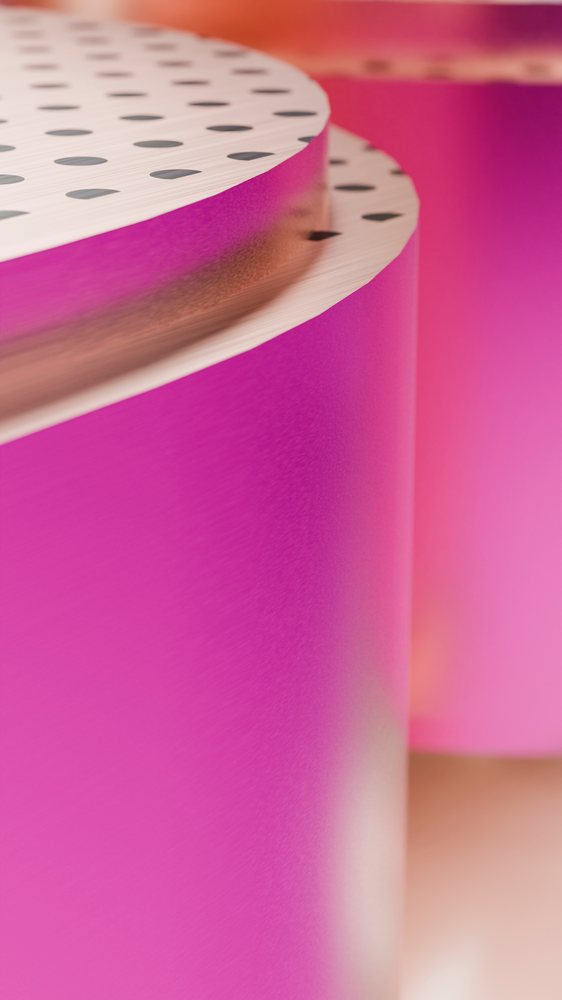 Abstract digital illustration depicting pink cylindrical shapes with white tops.