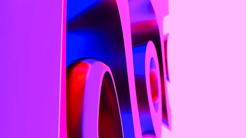 Abstract geometric shapes with glossy curved forms illuminated by blue and pink light in a digital art composition.
