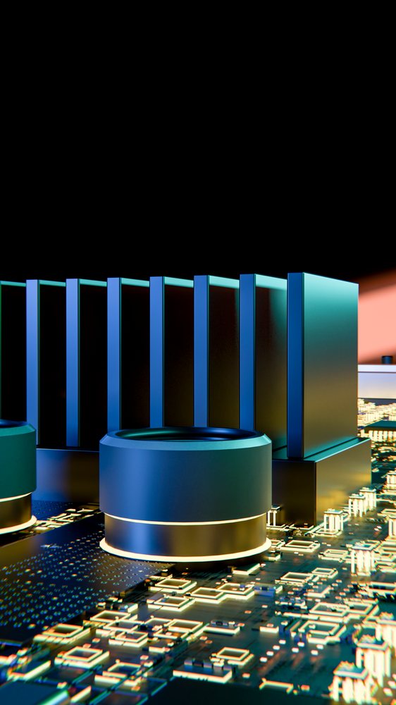 Processor chip on a circuit board with blue lighting and electronic components in a high-tech environment.