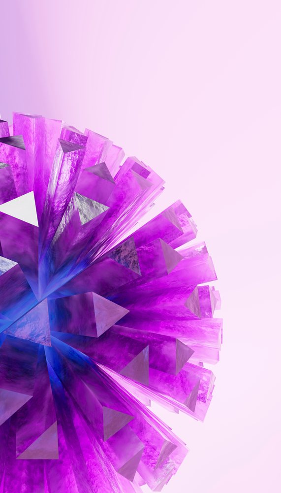 Purple geometric crystal cluster composed of faceted prisms on a pink gradient background.
