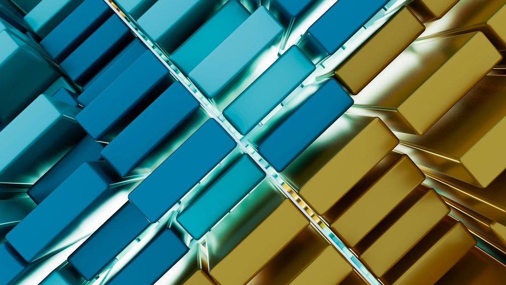3D digital illustration of blue and gold rectangular blocks arranged in a symmetrical abstract geometric pattern with reflective metallic surfaces.