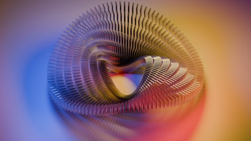 3D abstract spiral sculpture with metallic elements and a colorful gradient background in a digital art illustration.