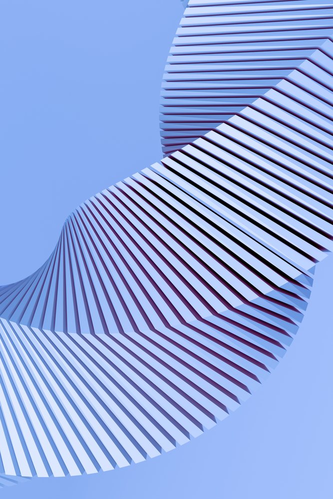 Abstract 3D render of a blue spiral structure with folded layers on a blue background.