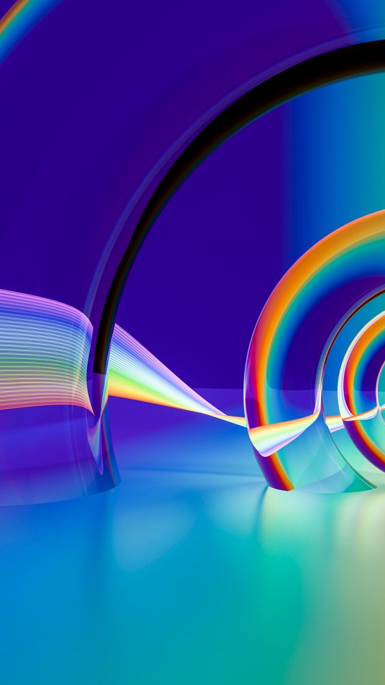 Digital illustration featuring colorful transparent glass curves with vibrant rainbow reflections on a smooth gradient background.