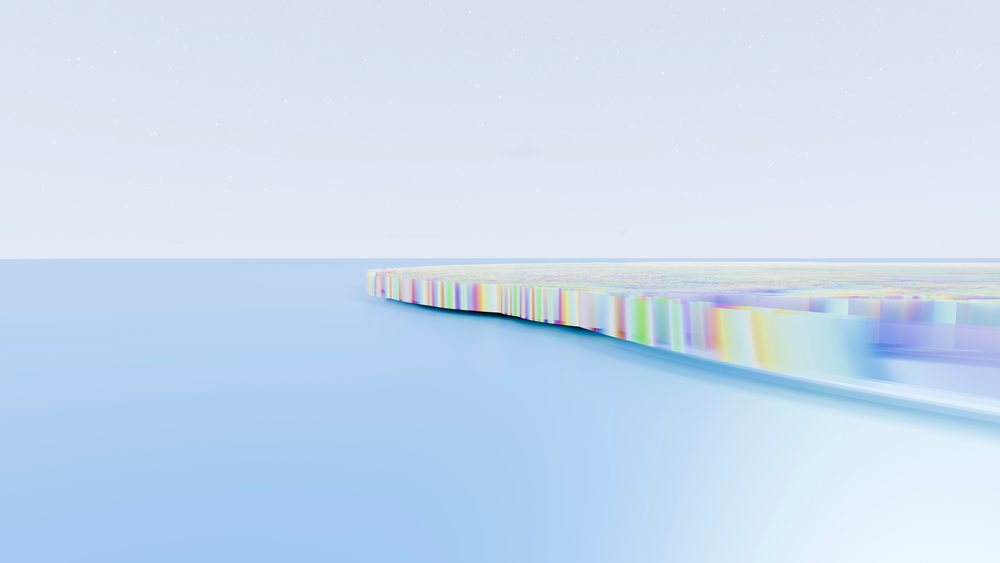 Abstract digital art of a colorful flat island surrounded by calm blue water under a clear sky.