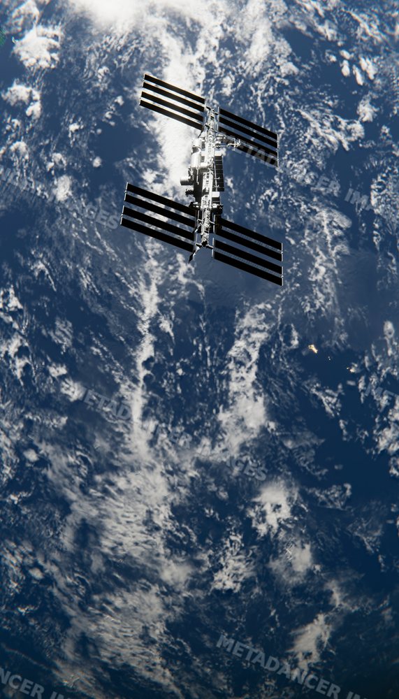 A manned orbital station orbiting earth with solar panels and clouds