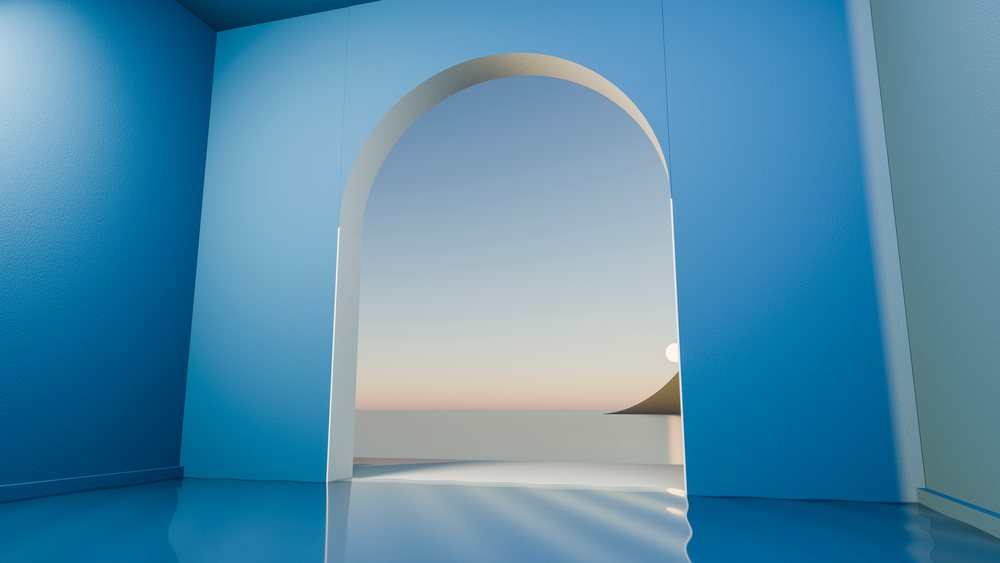 Archway with curved top in blue textured wall frames sunset over calm water and reflective blue floor in minimalist modern interior.