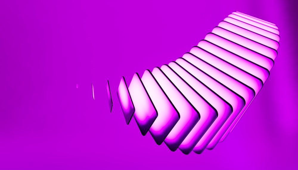 Abstract curved neon light bars glowing pink on a purple background creating a modern artistic visual pattern.