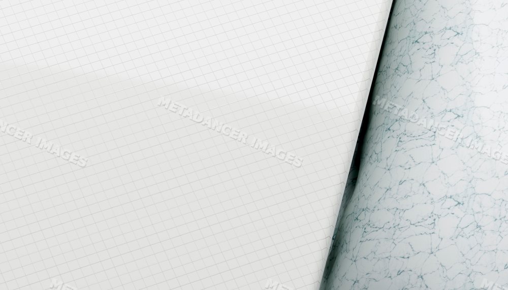 Close-up rendering of white grid paper curled beside a marbled sheet