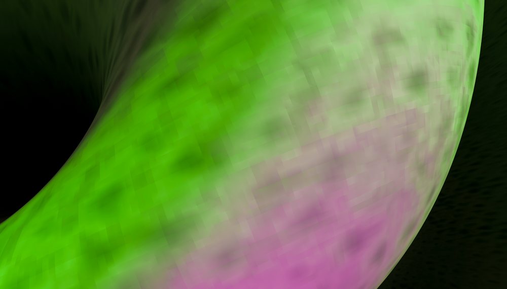 A colorful abstract digital artwork featuring a pixelated swirl of green and pink tones creating a fluid motion effect.