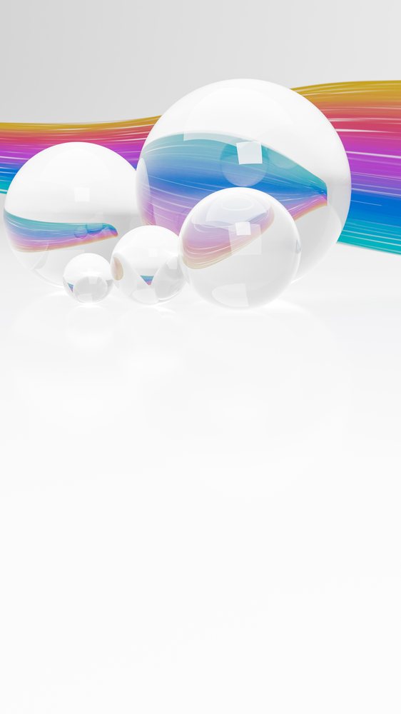 Transparent glass spheres reflecting a colorful rainbow swirl on a white background in a minimalist digital art setting.