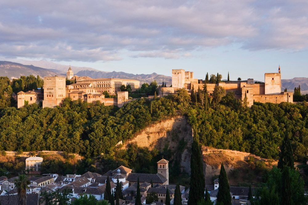 The Alhambra castle complex stands on a hill overlooking, Granada, Spain.