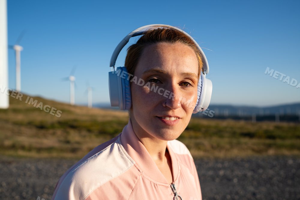 White Woman enjoys music outdoors near wind turbines in Galicia, Spain