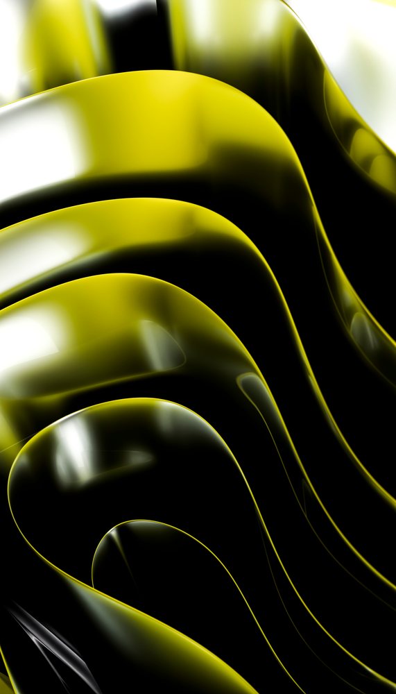 Yellow abstract curves with shiny glossy surfaces on a black background creating a flowing modern design.