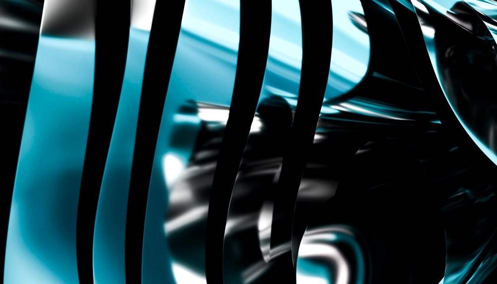 Abstract reflection of metallic curved shapes with blue light and dark background creating a modern artistic composition.