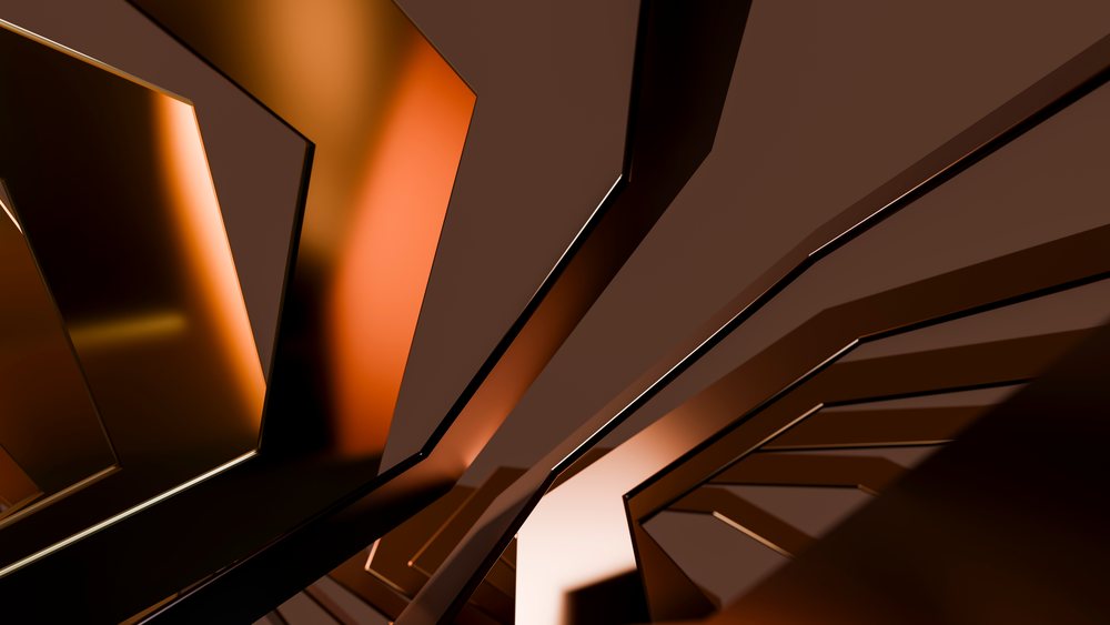 Abstract modern composition of shiny brown and orange geometric shapes with reflective surfaces.