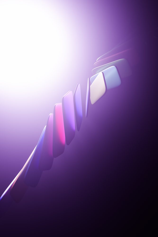 Abstract 3D floating rounded rectangular shapes glowing with purple and pink light against a soft gradient background.