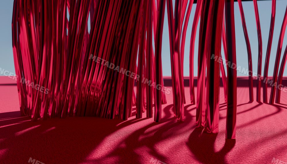 Abstract installation with red reflective strands casting shadows