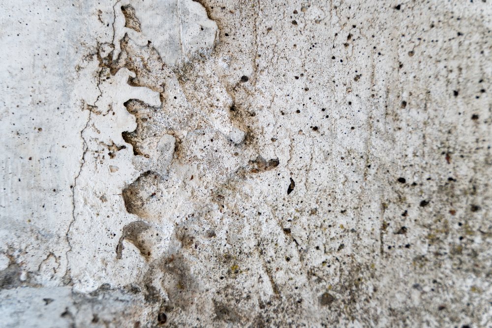 Close-up showing weathered rough concrete surface with cracks, blemishes, and granular texture in white and gray tones, abstract texture, background, wallpaper, Spain.