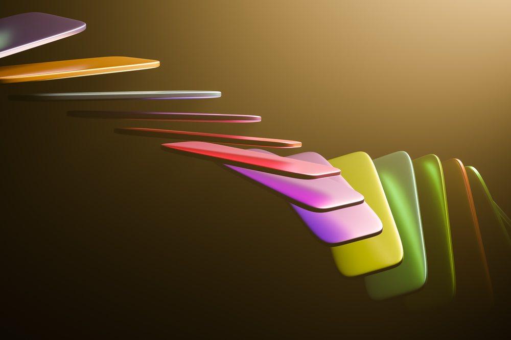 Colorful smooth abstract 3D shapes float on a dark gradient background with soft light reflections.