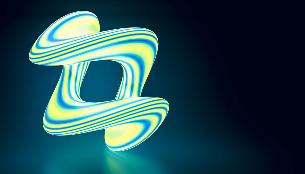 A glowing abstract 3D shape with blue and yellow striped pattern on a dark background.