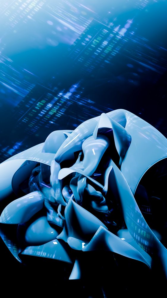 Glossy blue abstract curved metal sculpture reflecting a futuristic digital background in a dark setting.