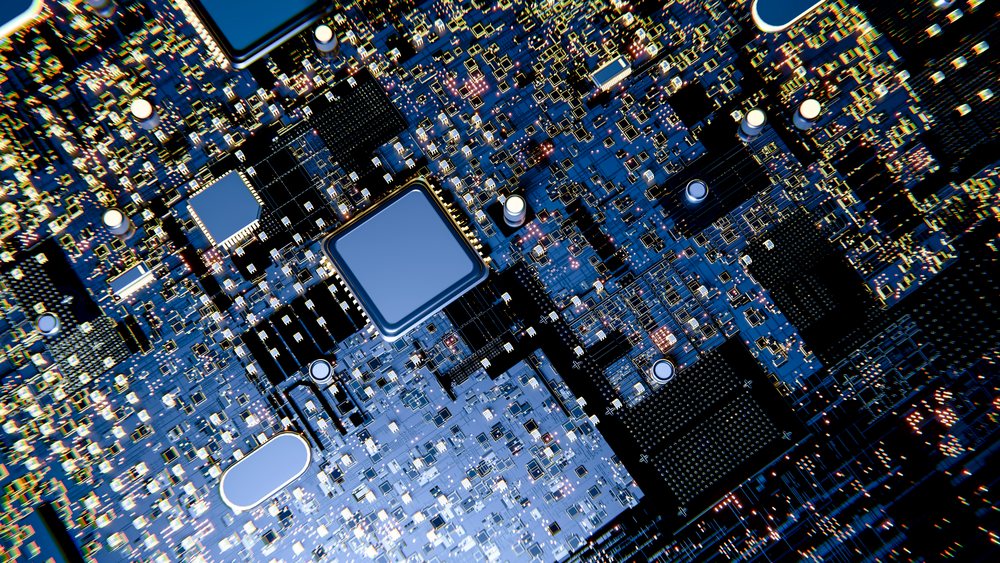 Digital illustration of a computer circuit board with microchips and electronic components.