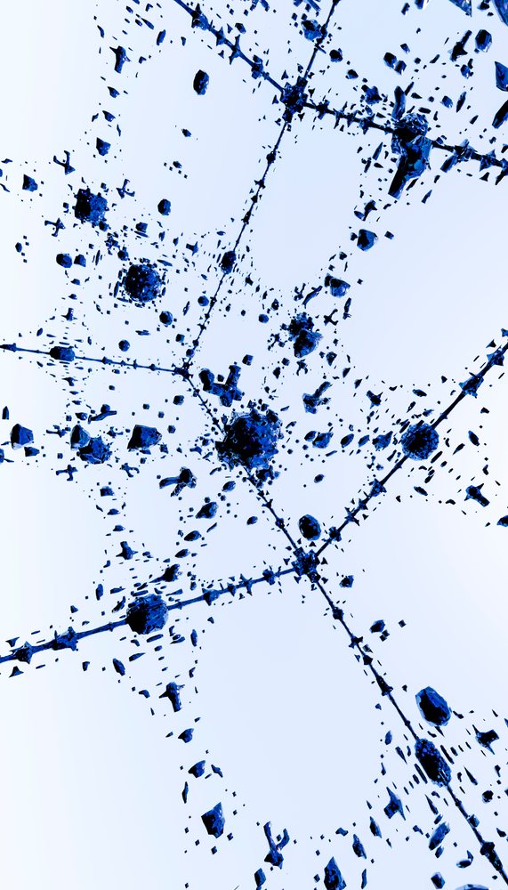 Abstract blue 3D network structure with floating digital nodes and connections in virtual space.