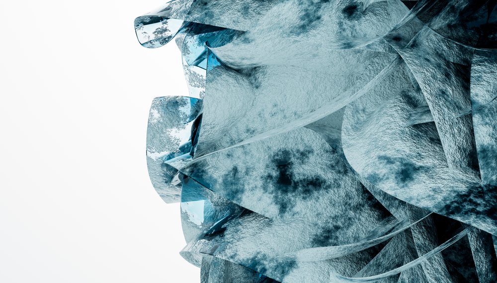 Abstract blue curved glass shapes with reflective, transparent surfaces and layered textures on a white background.