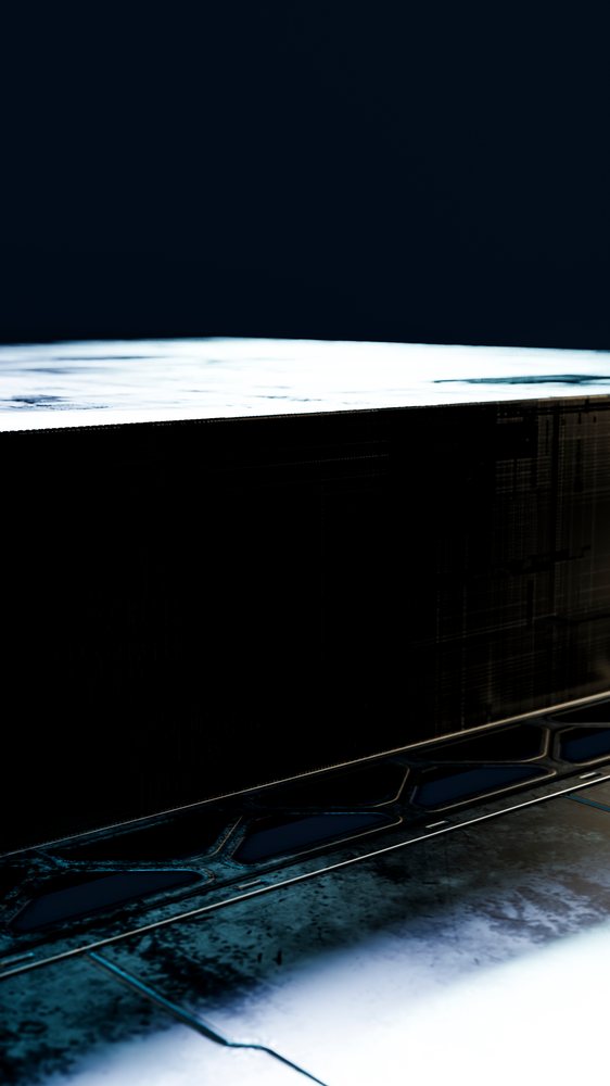Rectangular dark block casting shadow on a patterned floor with geometric texture and contrasting light reflections.