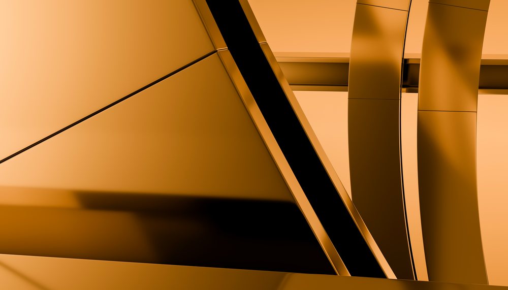 Abstract digital artwork featuring smooth curved orange and golden geometric shapes in a symmetric 3D render pattern.