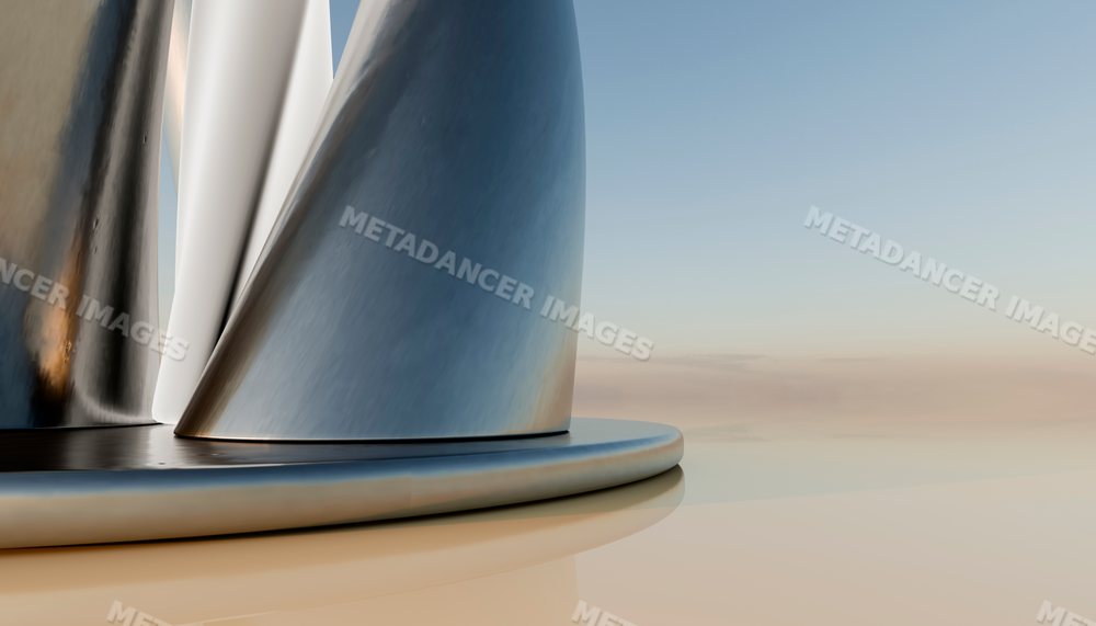 Close-up of a reflective curved metal sculpture with smooth shiny