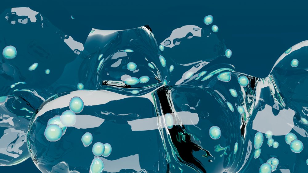 Close-up illustration of transparent round liquid bubbles with blue background showing fluid dynamics.