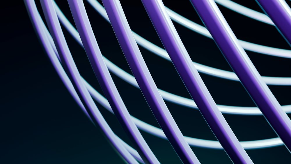 Curved purple and blue neon tubes form an abstract tubular structure glowing on a dark background in a 3D digital illustration.