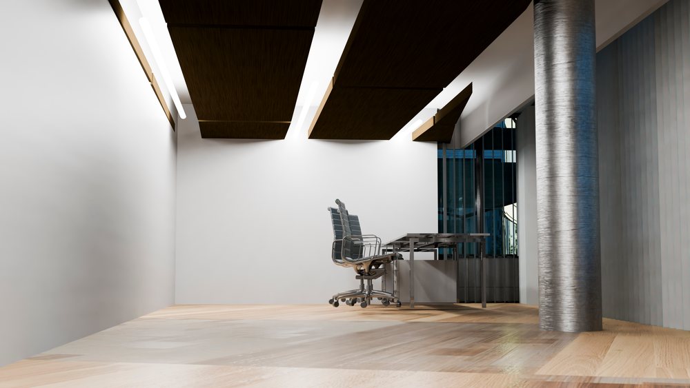 Modern minimalist office conference room with glass windows and wood flooring.