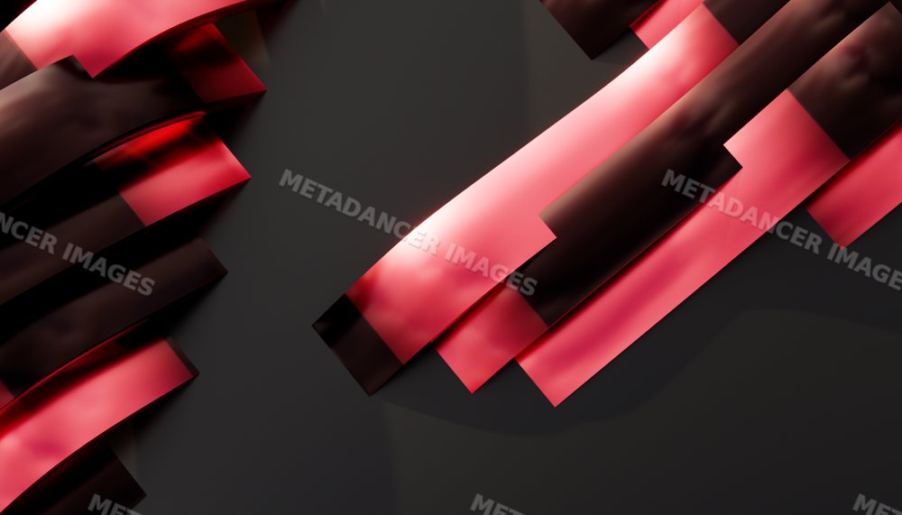 Abstract red and black geometric ribbons form a modern glossy pattern